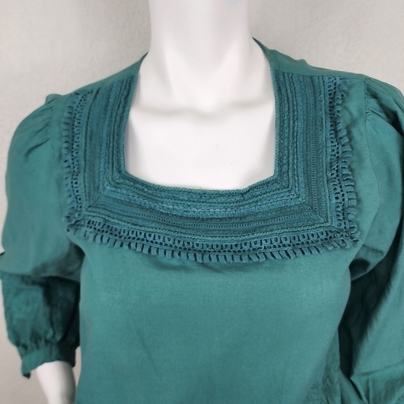 Zara Basic Green Square Neck Boho Embroidered 3/4 Sleeve Size XS - Picture 4 of 12